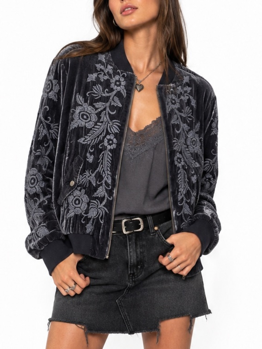 Johnny Was S Gray Silk Velvet Embroidered Peacock Boho Bomber Jacket
